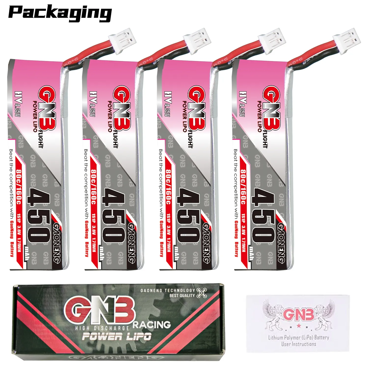 GAONENG GNB LiHV 1S 3.8V 450mAh 80C PH2.0 Cabled LiPo Battery