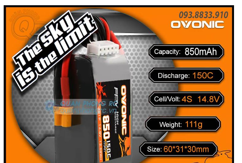 OVONIC 11.1V 150C 850mAh 3S LiPo Battery with XT30 Plug